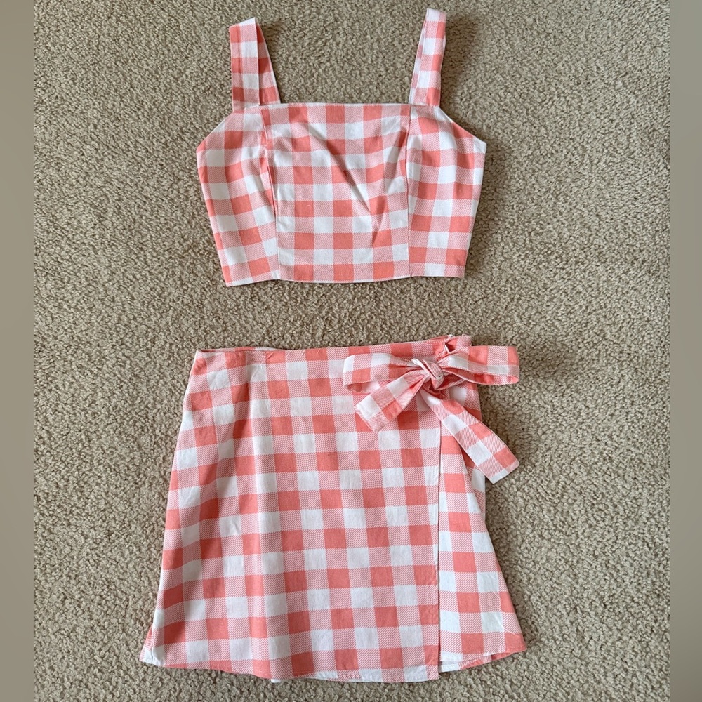 Forever 21 Pink and White Gingham Crop Top and Skirt Set